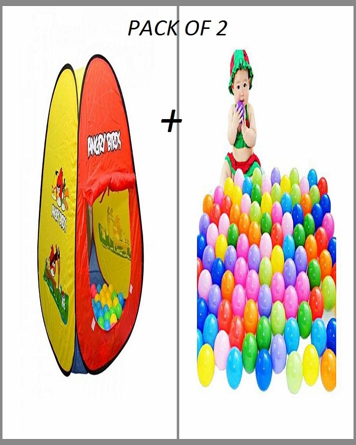 Pack Of 2 - Angry Birds Tent House - Multicolor + Soft Plastic Balls 50 Pcs Set - Multicolour